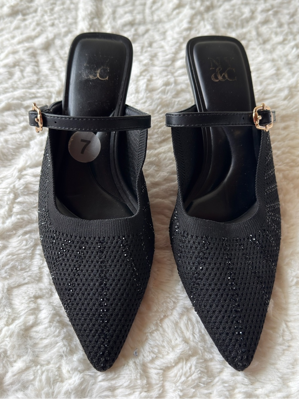 & Other Stories Black Pointed Knit Mary Jane Mules with Gold Buckle